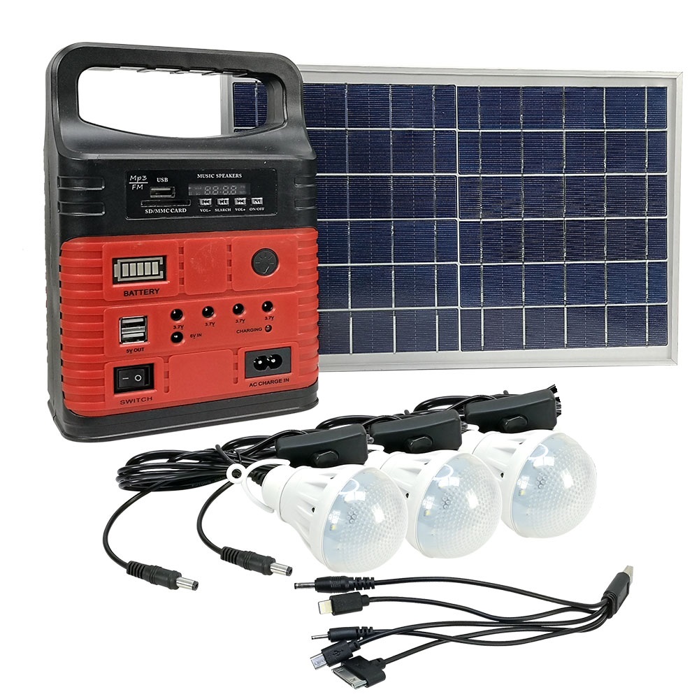 Sistema Solar Generador de Energia con Panel Solar Sistema de Iluminacion Focos Led Radio Lampara Reproductor de MP3 Tarjetas SD Pantalla Led y Conexión a Corriente Master MP-KIT10W
