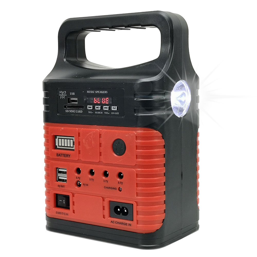 Sistema Solar Generador de Energia con Panel Solar Sistema de Iluminacion Focos Led Radio Lampara Reproductor de MP3 Tarjetas SD Pantalla Led y Conexión a Corriente Master MP-KIT10W