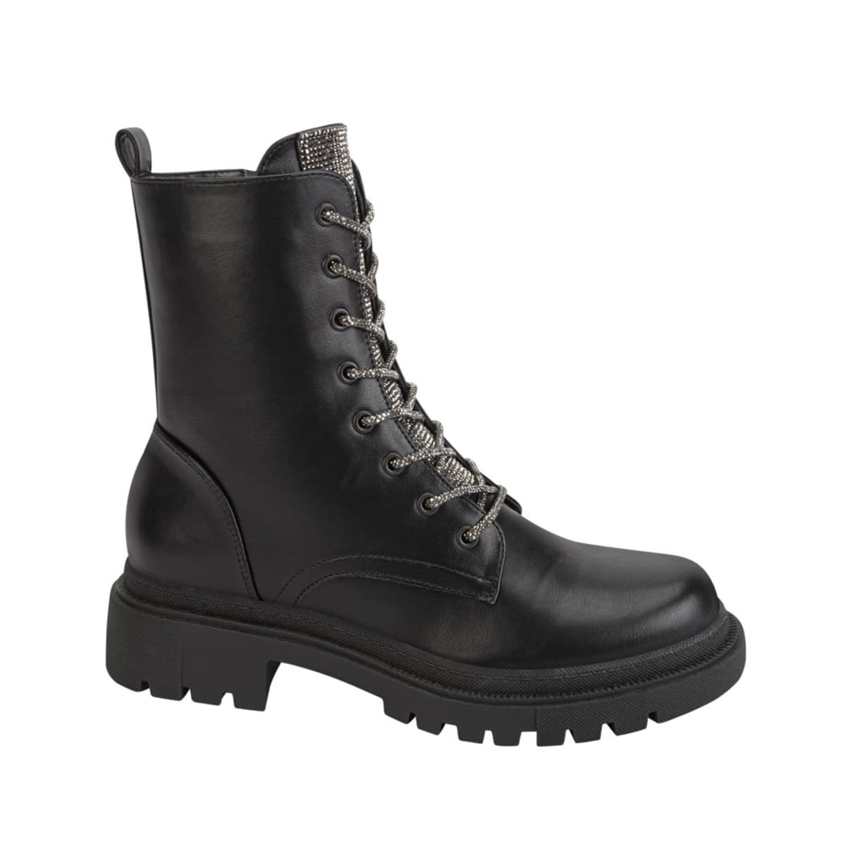 Bota militar negra marca Belinda Peregrin con pedrería y suela track, mod. 1086427