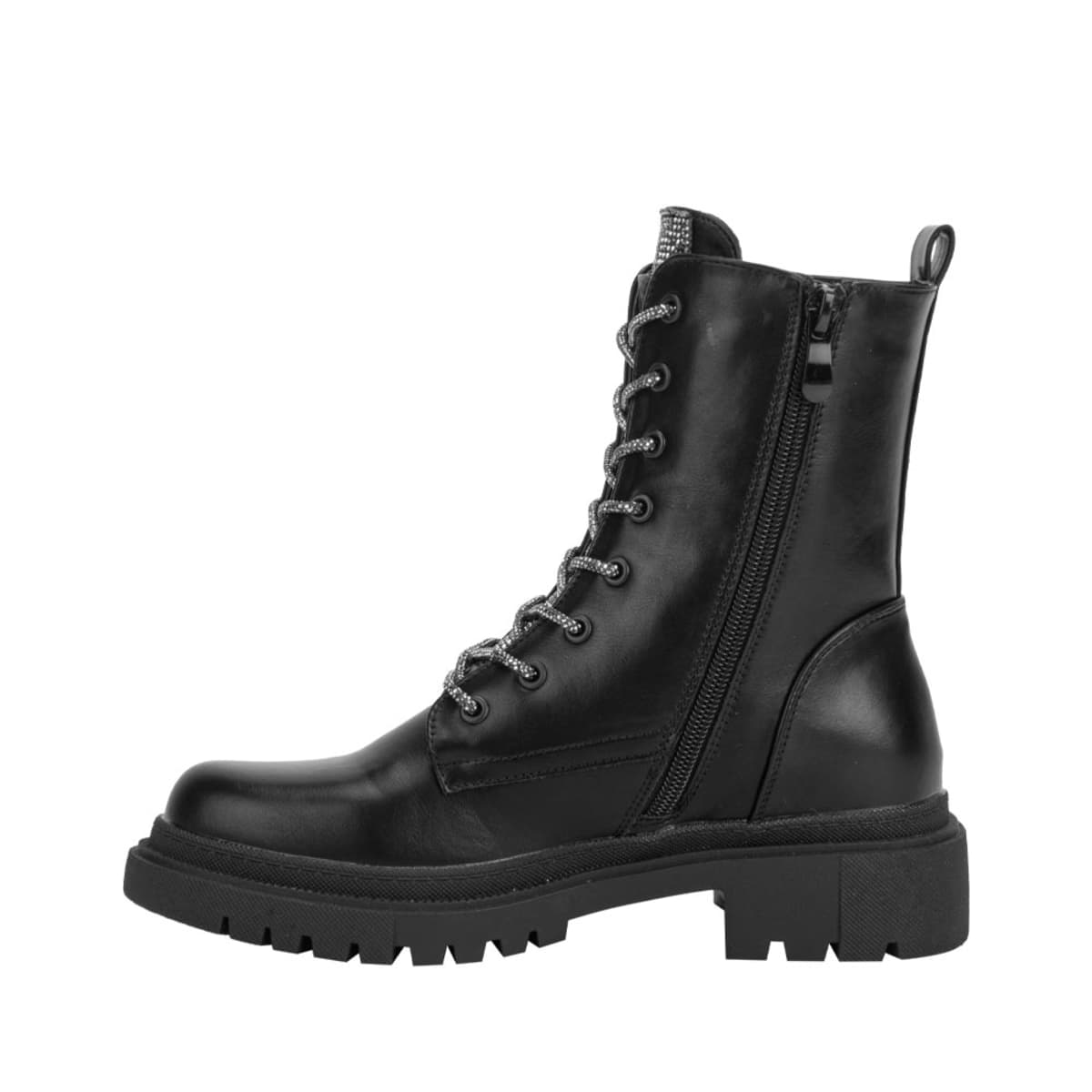 Bota militar negra marca Belinda Peregrin con pedrería y suela track, mod. 1086427