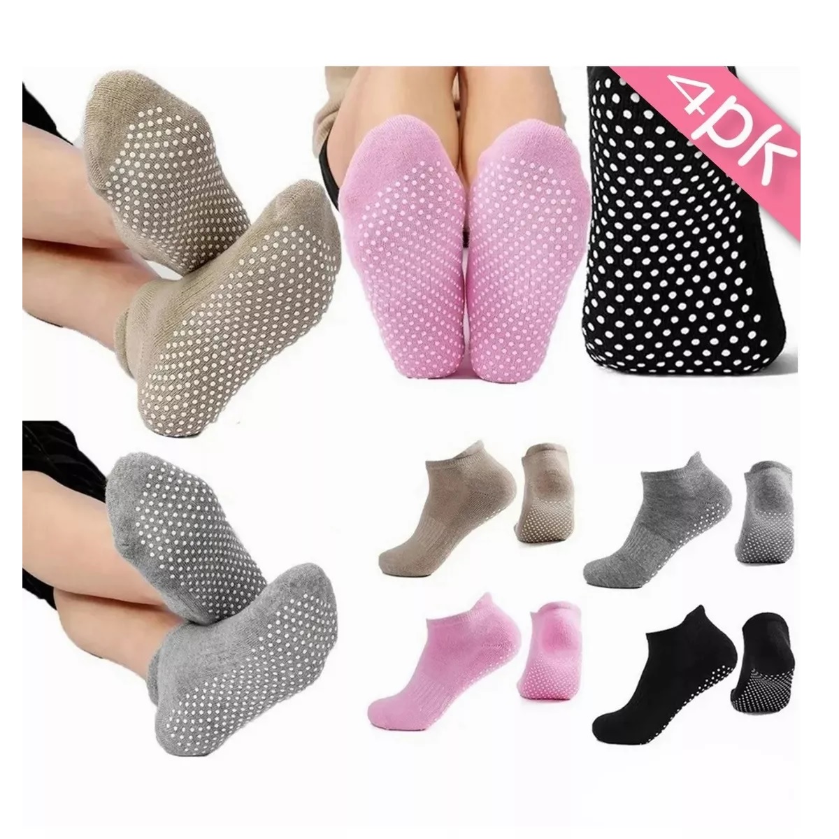 Juego Calcetines Para Yoga Pilates Con Base Antiderrapante 4 Pares
