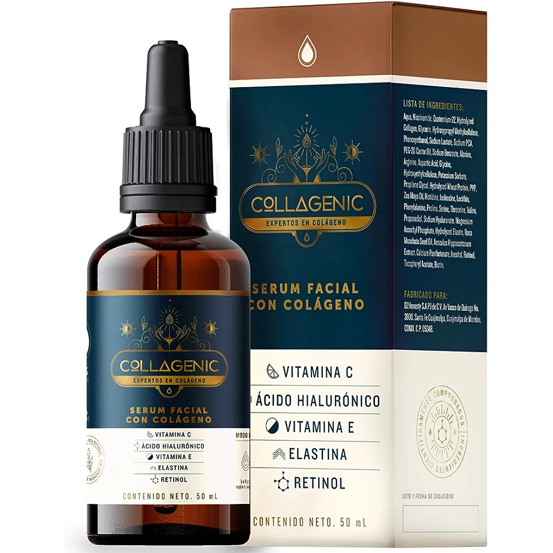 Serum Vitamina C con Colageno, Acido Hialuronico, Retinol, Vitamina E y Elastina Collagenic - Serum Facial Skincare Para Contorno de Ojos y Aclarante de Piel con 60% Más Contenido que Otros (50 ml)