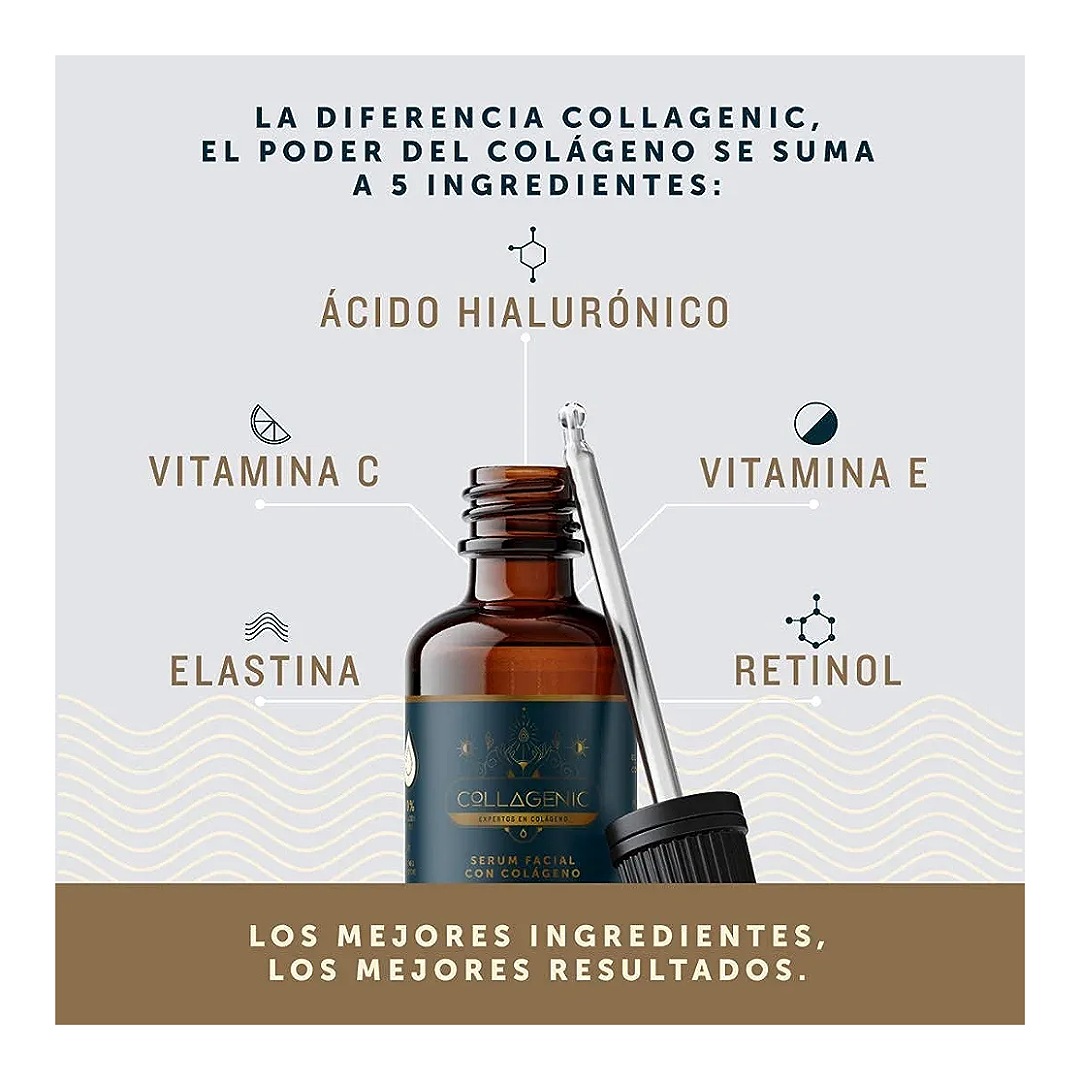 Serum Vitamina C con Colageno, Acido Hialuronico, Retinol, Vitamina E y Elastina Collagenic - Serum Facial Skincare Para Contorno de Ojos y Aclarante de Piel con 60% Más Contenido que Otros (50 ml)