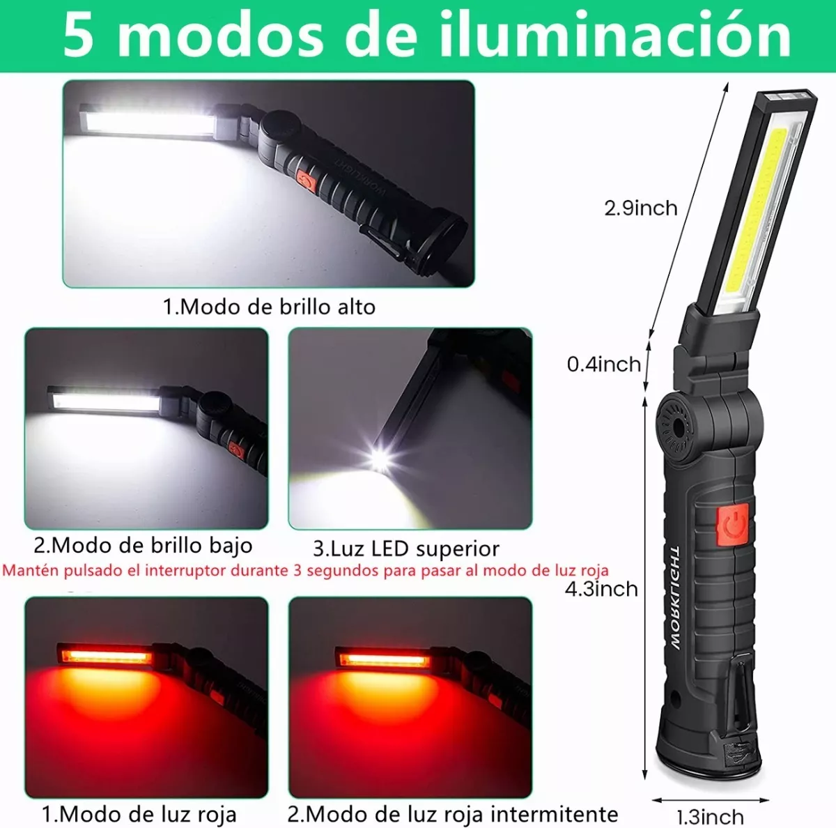 Imán De Linterna De Trabajo Recargable Inspección Lámpara Negro