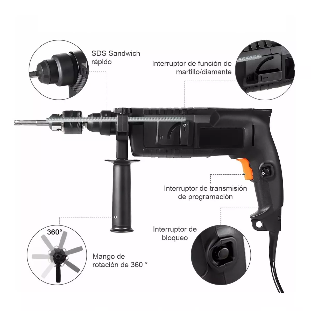 Rotomartillo Taladro Perforador Cincelador Sds 800w  Negro