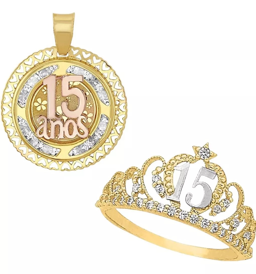Juego Anillo Y Collar Xv Años Con Flores Oro 10 K + Obsequio