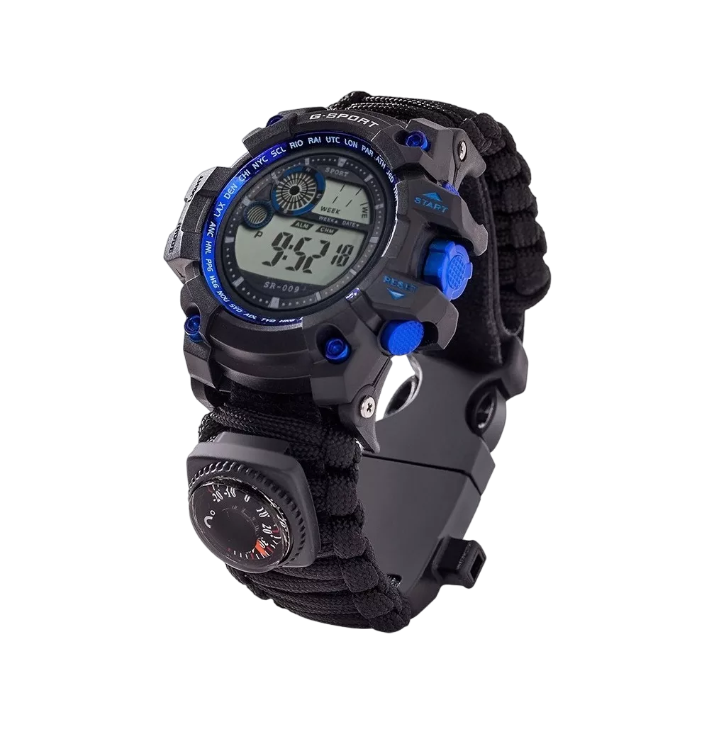 Reloj para Montaña Deporte con Supervivencia Negro con Azul