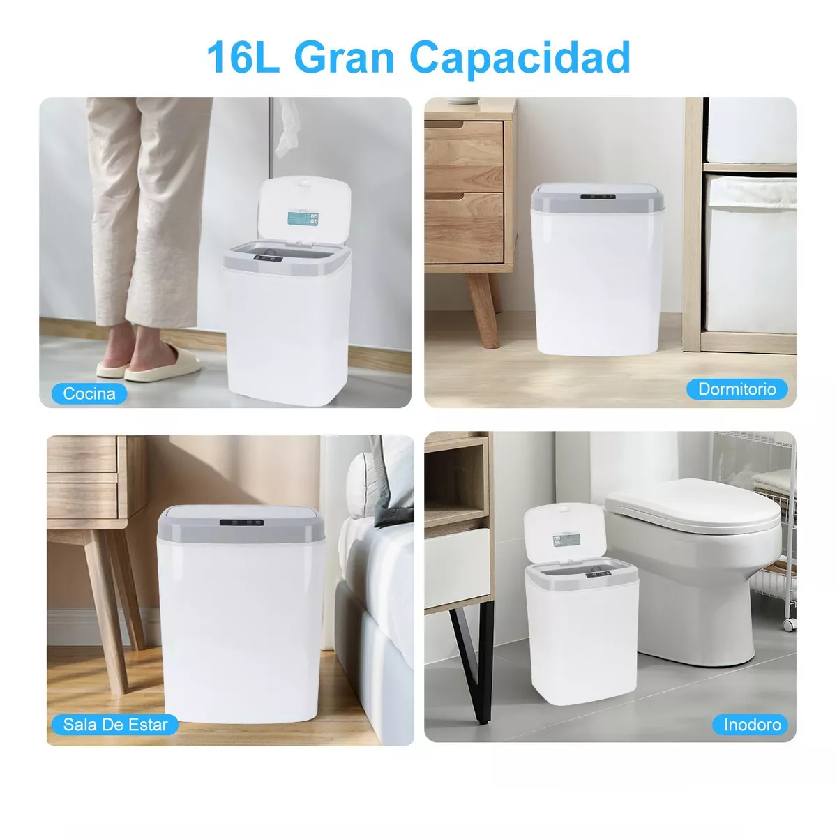 Bote De Basura Con Sensor Led Inteligente Cobrable Blanco 16l 