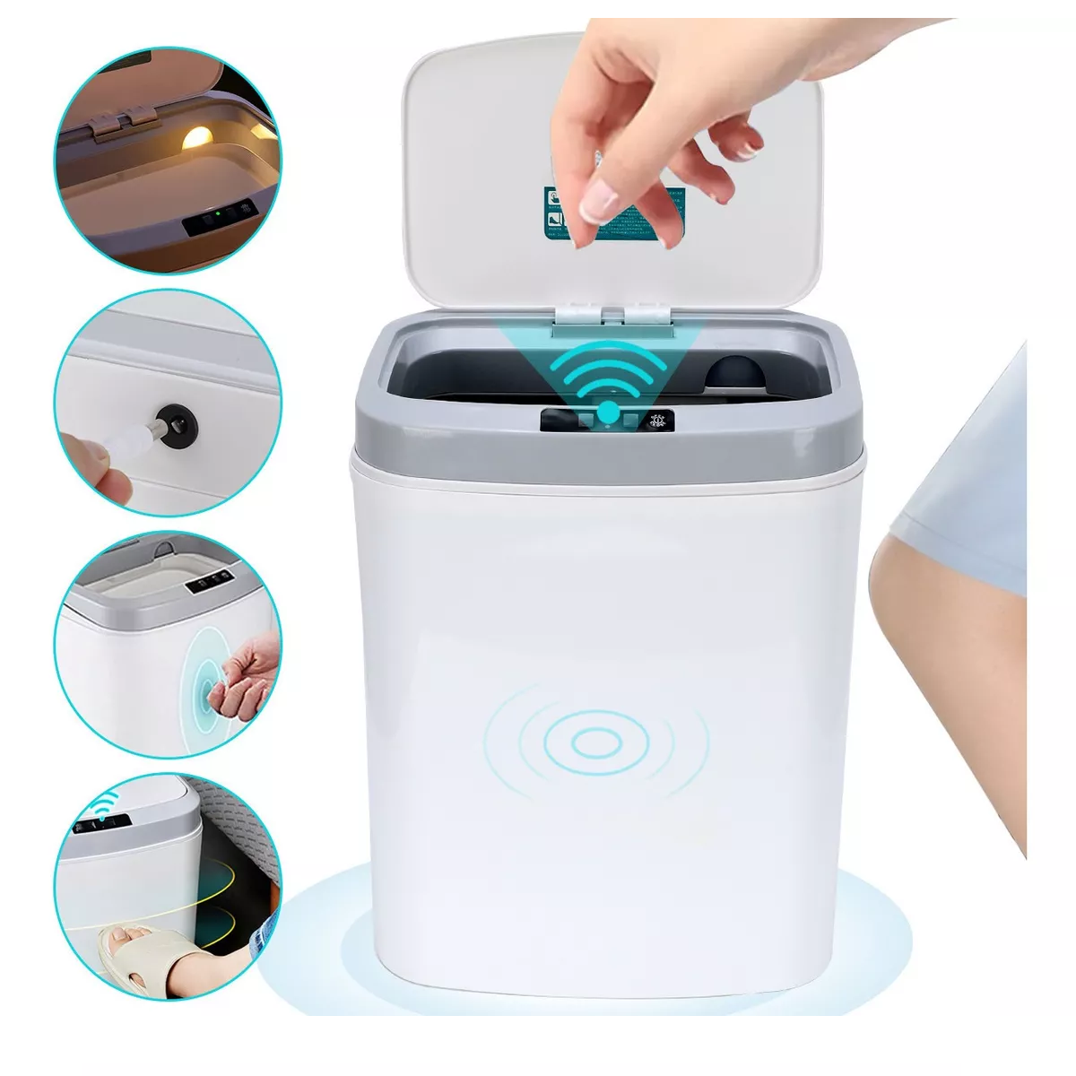 Bote De Basura Con Sensor Led Inteligente Cobrable Blanco 16l 