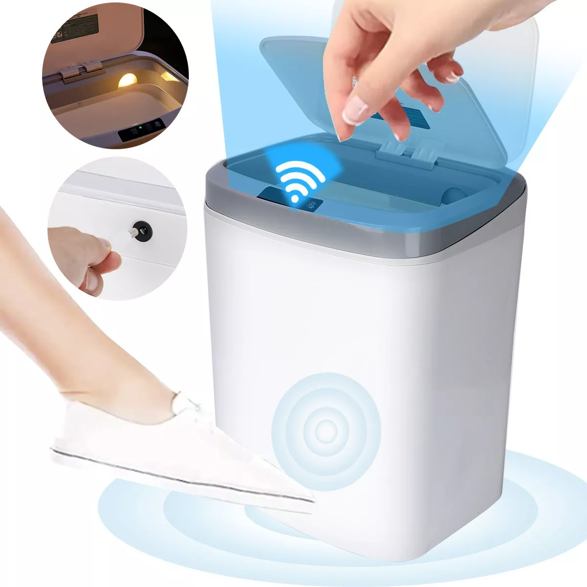 Bote De Basura Con Sensor Led Inteligente Cobrable Blanco 16l 