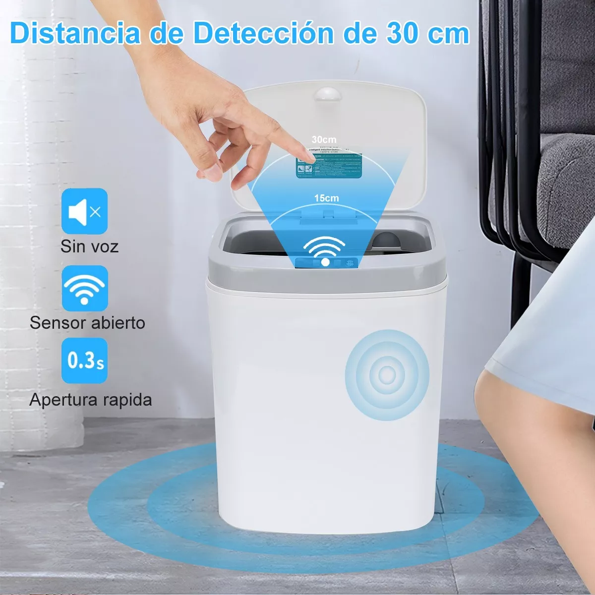 Bote De Basura Con Sensor Led Inteligente Cobrable Blanco 16l 