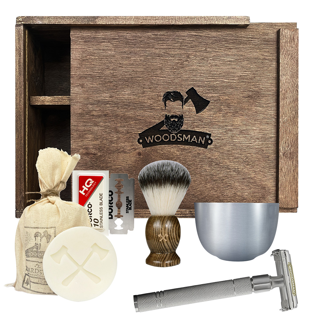 Kit de Afeitado Clásico Woodsman en Caja de Madera y Rastrillo de Acero Inoxidable Color Plata