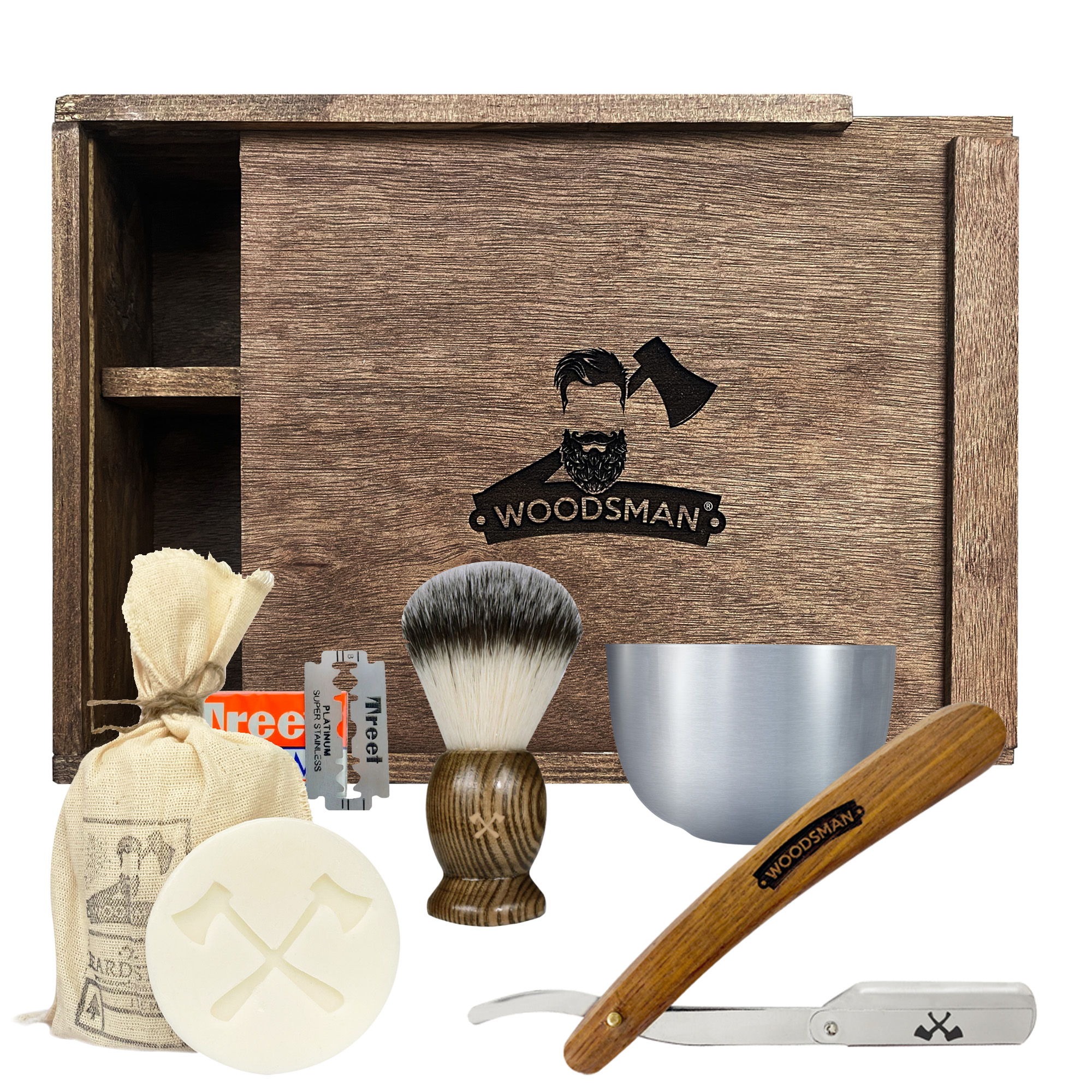 Kit de Afeitado Clásico Woodsman en Caja de Madera y Porta Navajas de Acero Inoxidable Color Plata