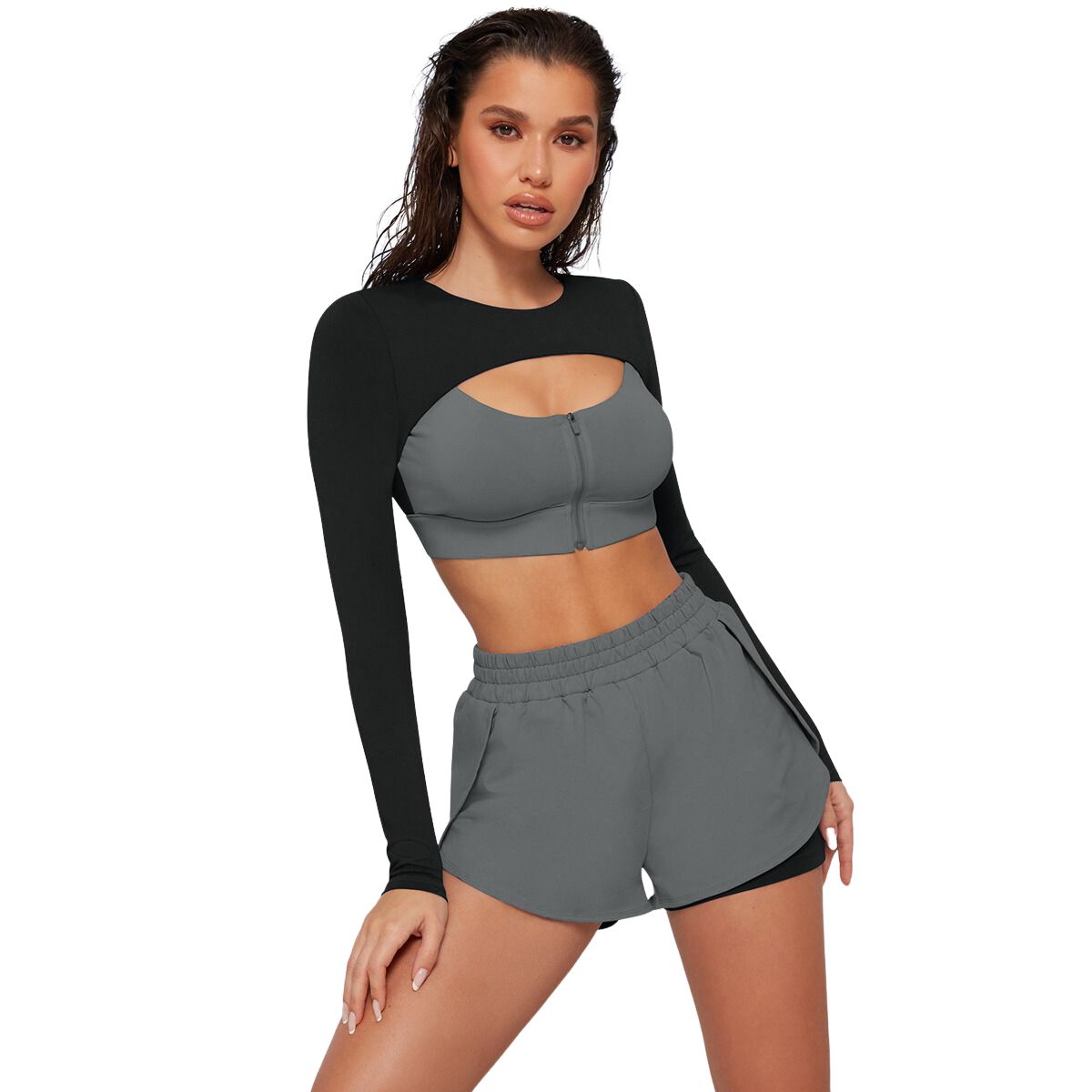 Conjunto Deportivo Mujer Short + Top en U Negro