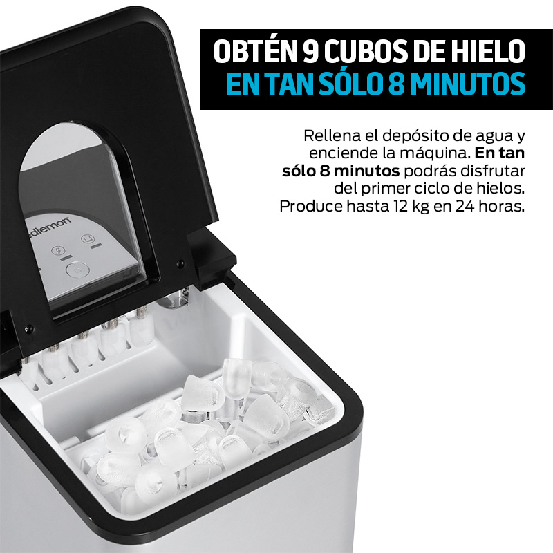 Máquina de Hielo Fabrica 9 Cubos en 8 Minutos (12 Kg en 24 Hr)