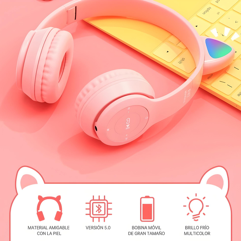 Audífonos Bluetooth De Diadema C/oreja De Gato Rgb Niño