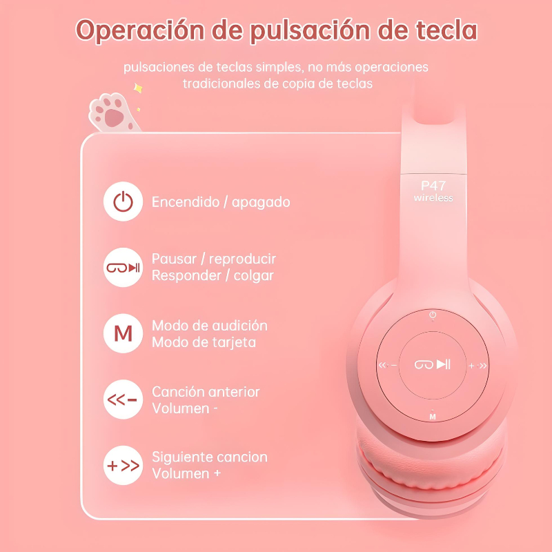 Audífonos Bluetooth De Diadema C/oreja De Gato Rgb Niño