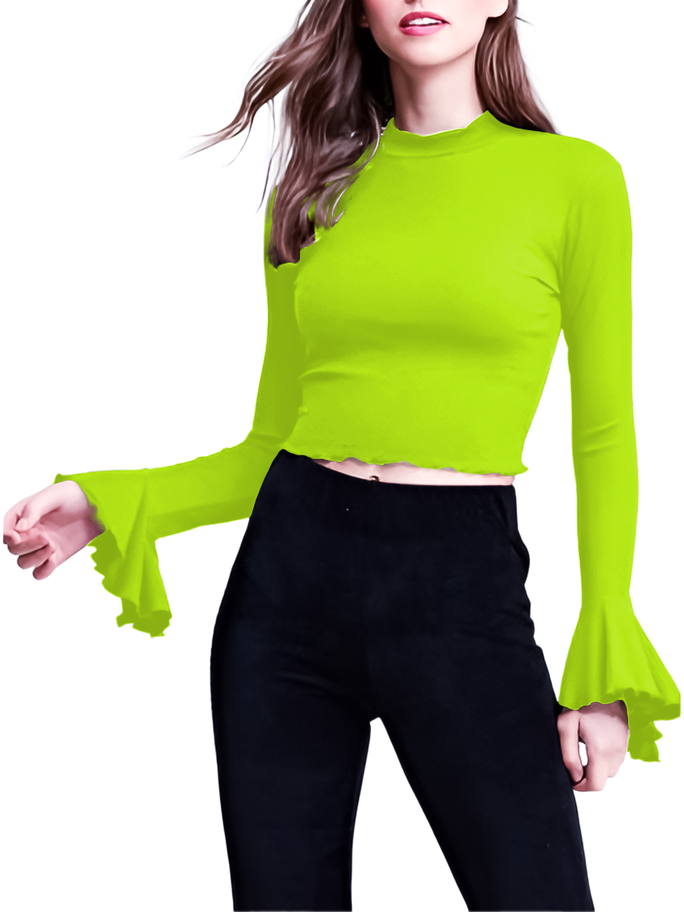 Blusa top de moda mujer dama xally 29D cuello alto, mangas con bolante ajustada manga larga