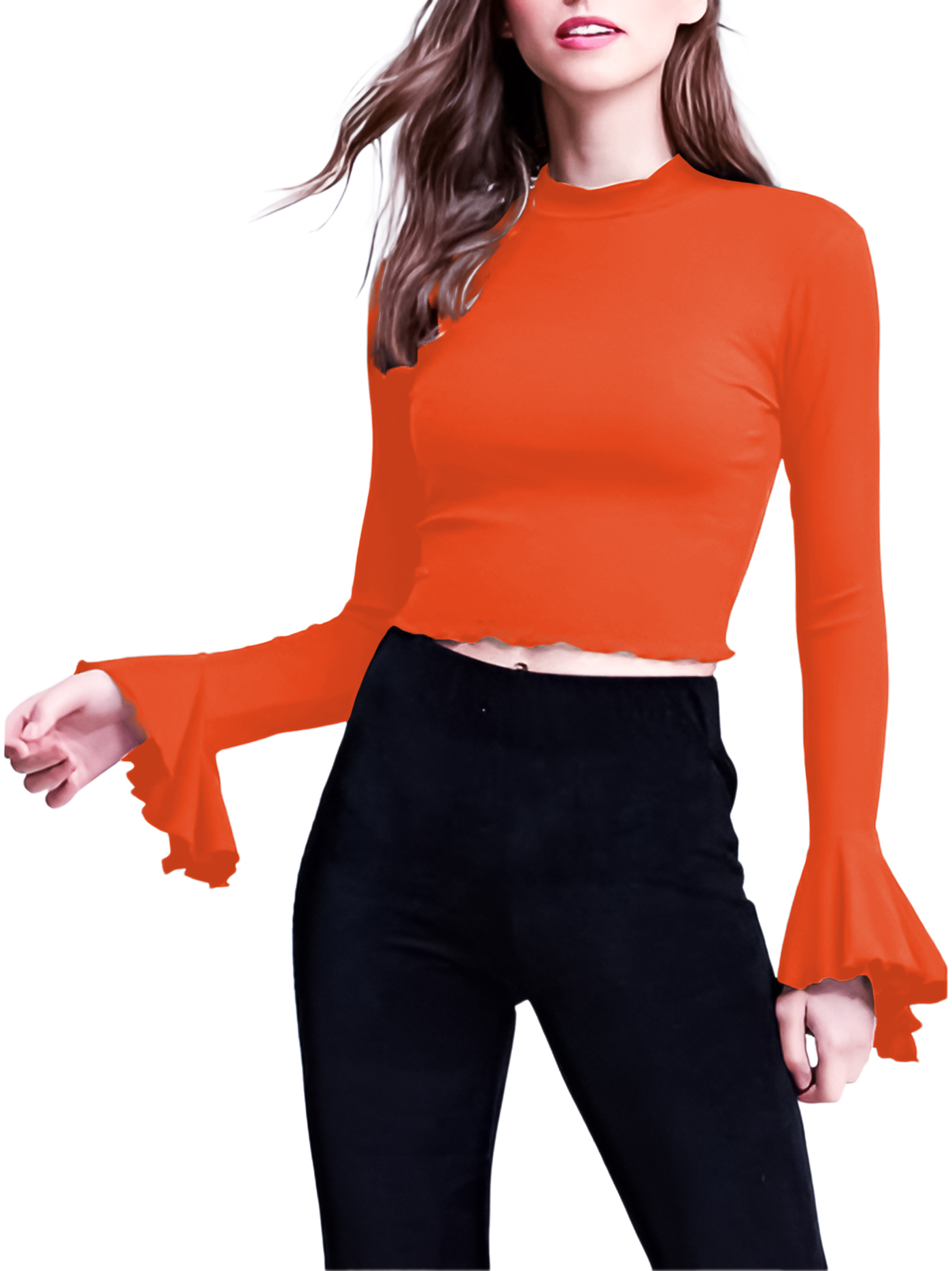 Blusa top de moda mujer dama xally 29D cuello alto, mangas con bolante ajustada manga larga