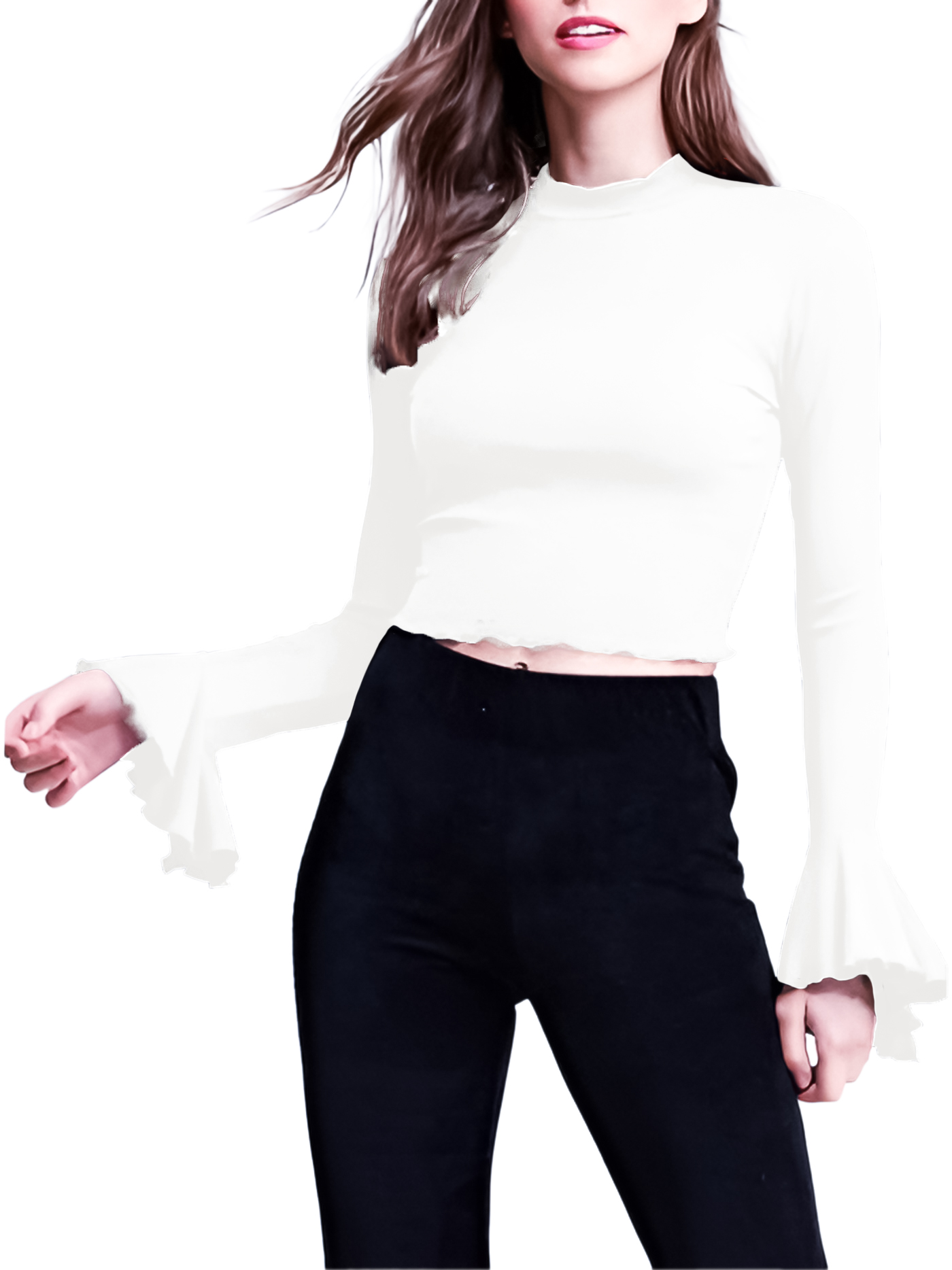 Blusa top de moda mujer dama xally 29D cuello alto, mangas con bolante ajustada manga larga