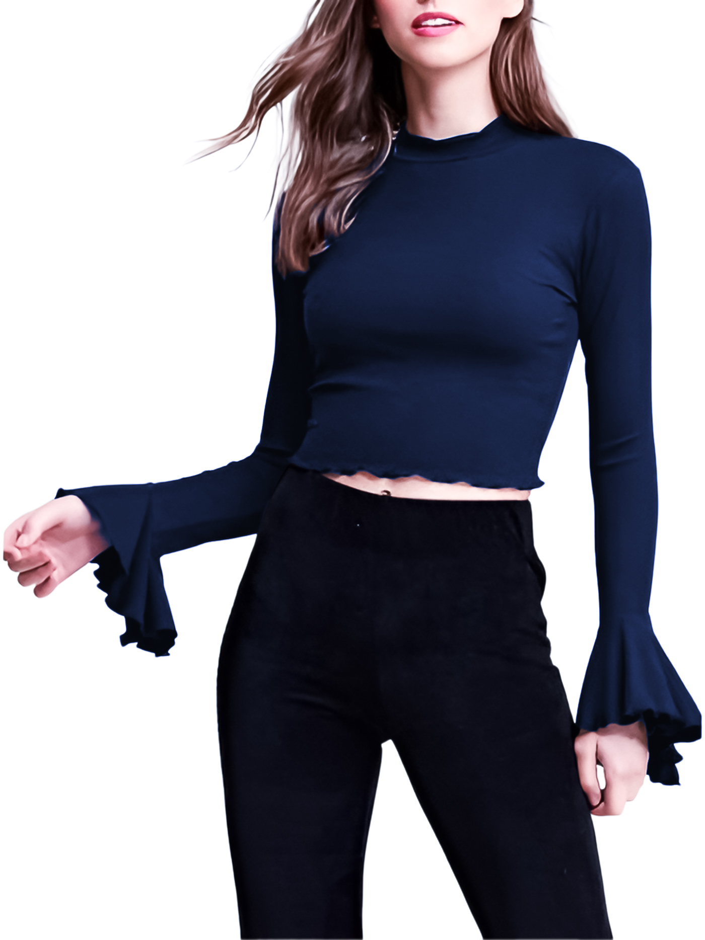 Blusa top de moda mujer dama xally 29D cuello alto, mangas con bolante ajustada manga larga