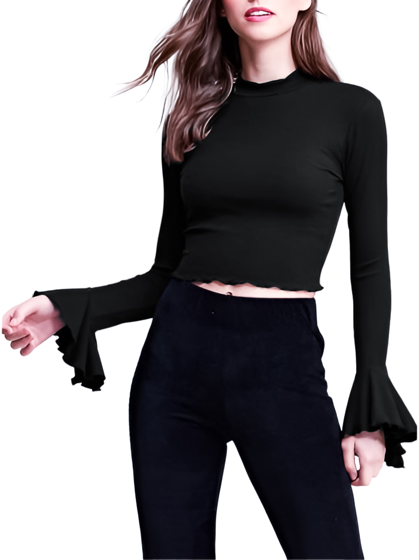Blusa top de moda mujer dama xally 29D cuello alto, mangas con bolante ajustada manga larga