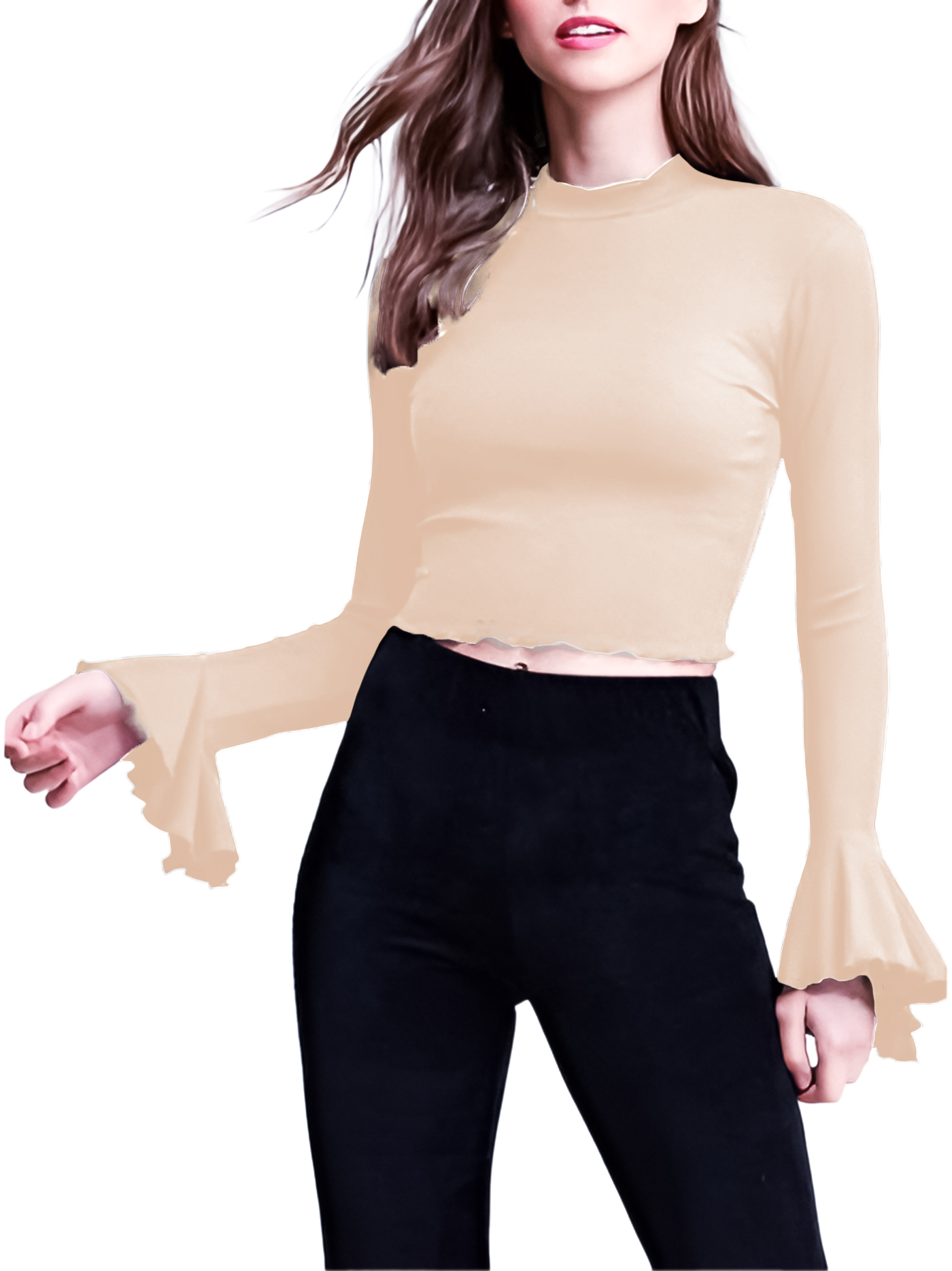 Blusa top de moda mujer dama xally 29D cuello alto, mangas con bolante ajustada manga larga