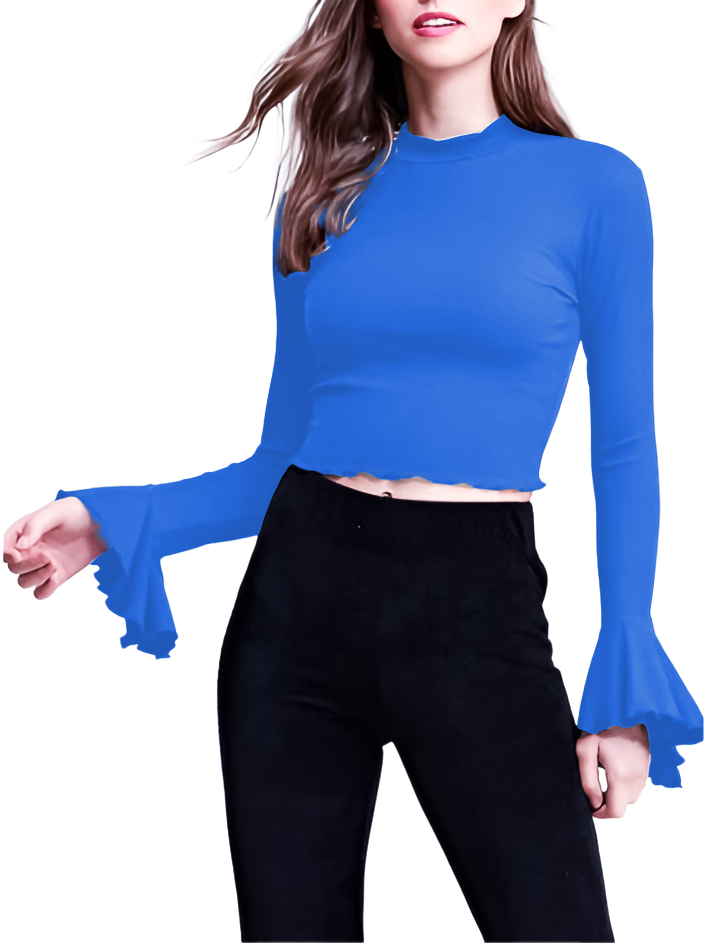 Blusa top de moda mujer dama xally 29D cuello alto, mangas con bolante ajustada manga larga