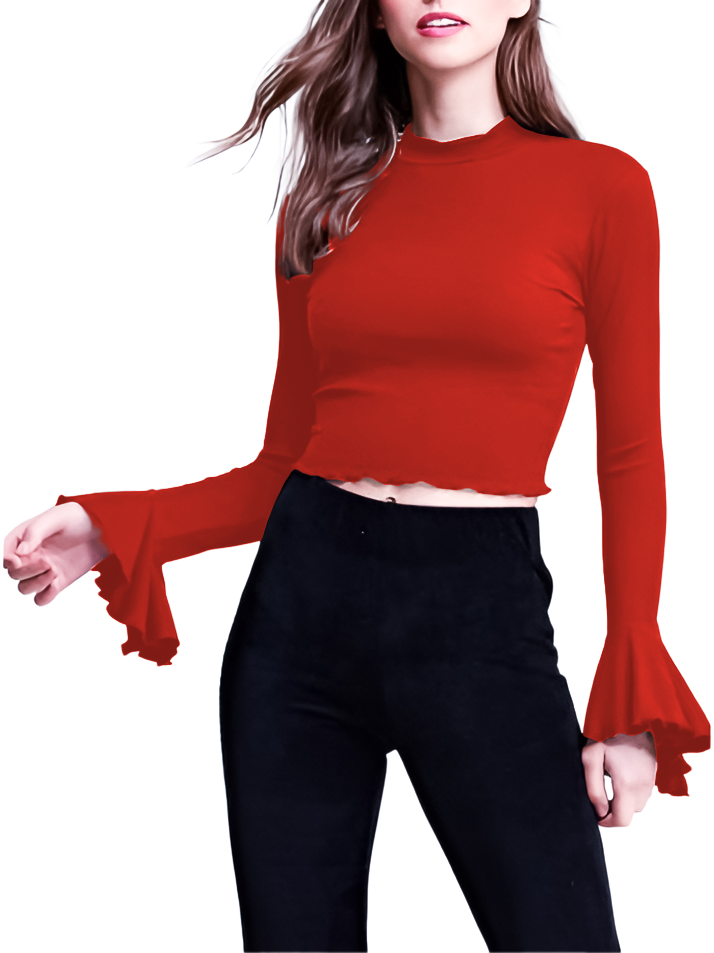 Blusa top de moda mujer dama xally 29D cuello alto, mangas con bolante ajustada manga larga