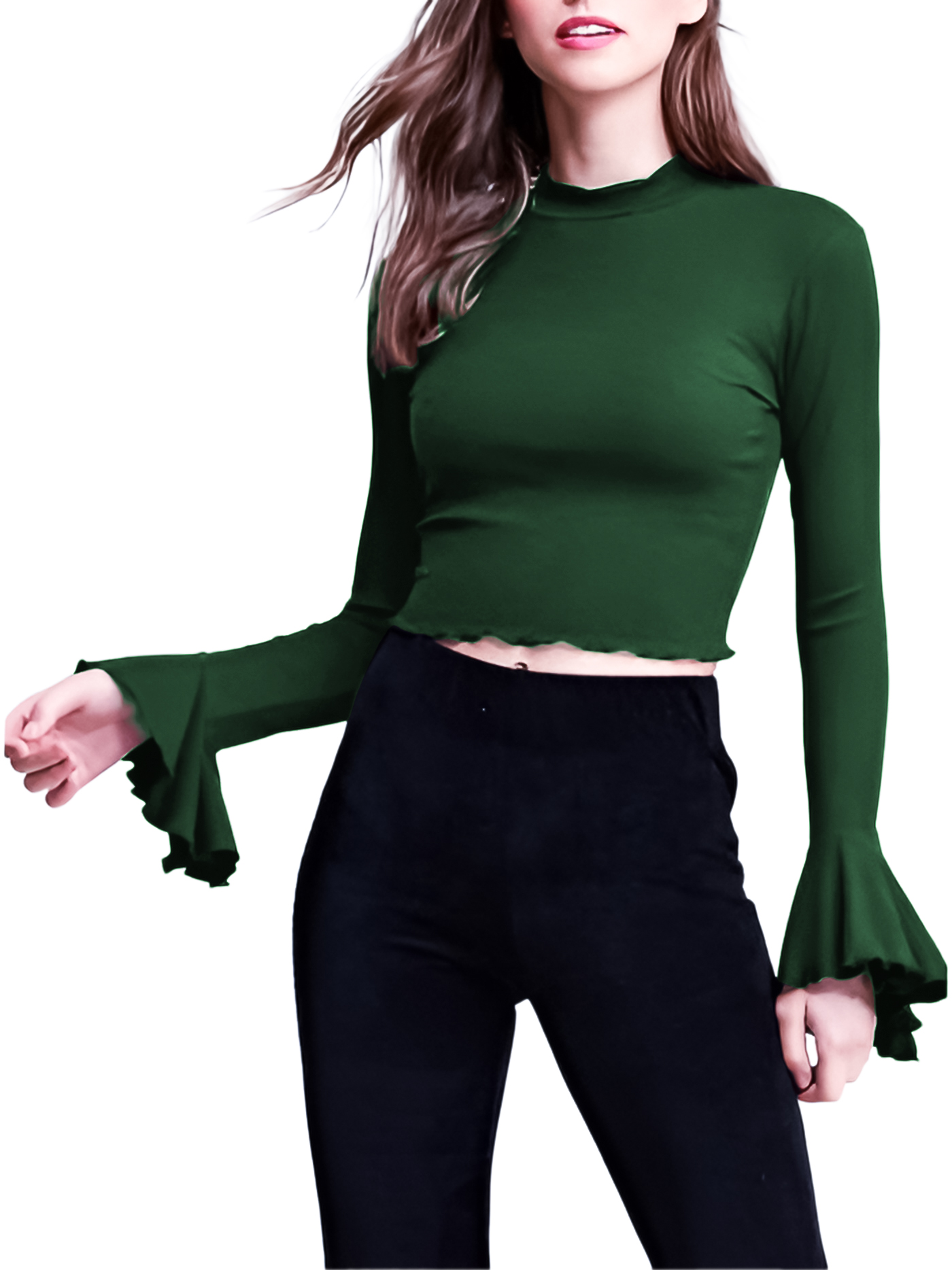 Blusa top de moda mujer dama xally 29D cuello alto, mangas con bolante ajustada manga larga