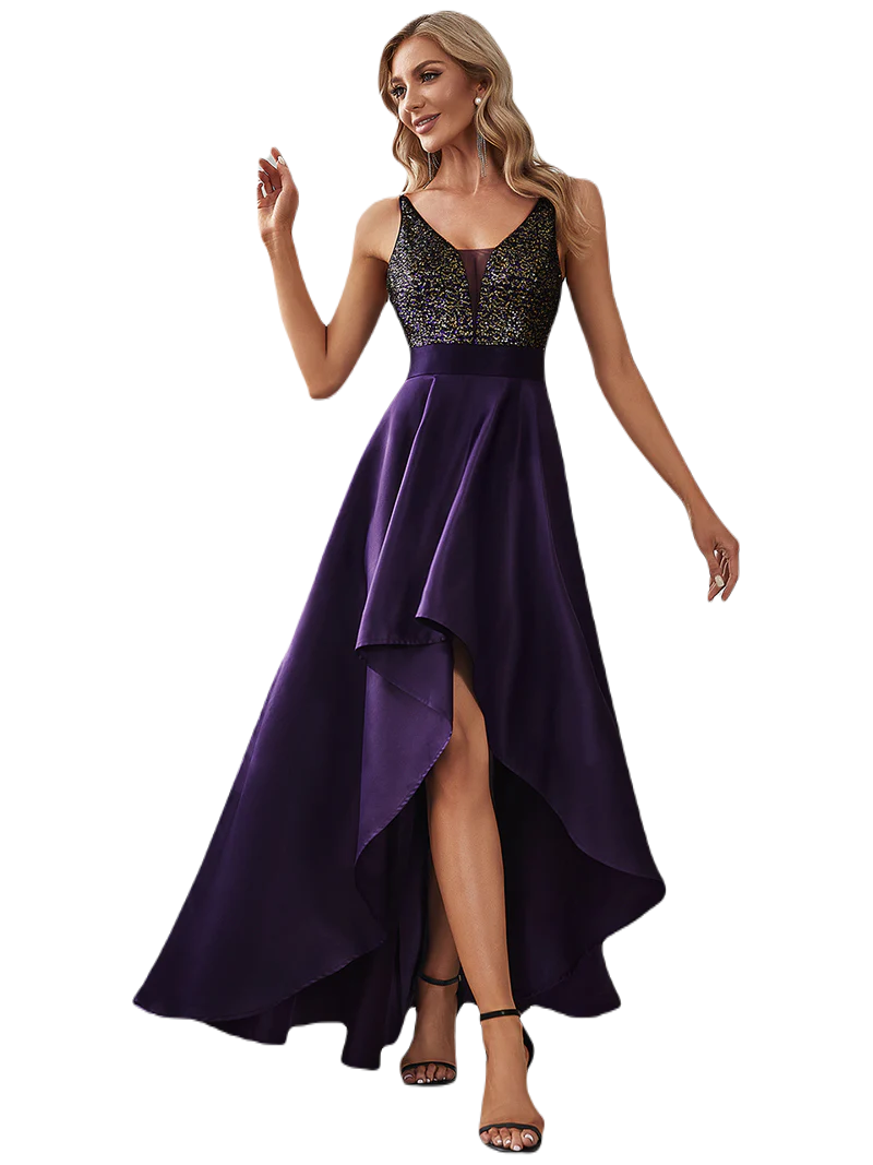 Vestido Elegante de Fiesta Largo Morado Uva Lentejuela High Low Asimétrico Con Cola Curvy T Ch a Talla Extra