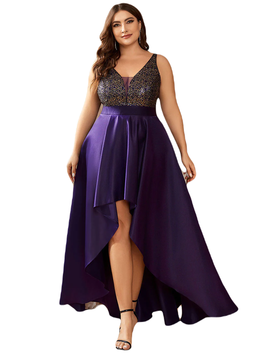 Vestido Elegante de Fiesta Largo Morado Uva Lentejuela High Low Asimétrico Con Cola Curvy T Ch a Talla Extra