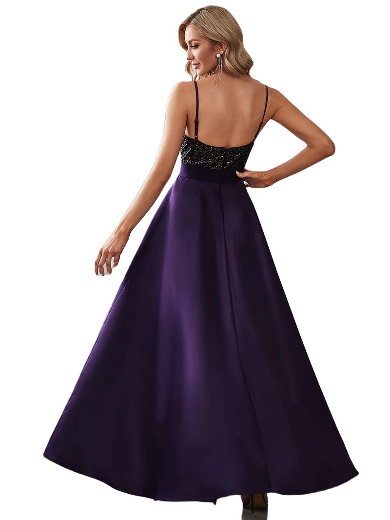 Vestido Elegante de Fiesta Largo Morado Uva Lentejuela High Low Asimétrico Con Cola Curvy T Ch a Talla Extra