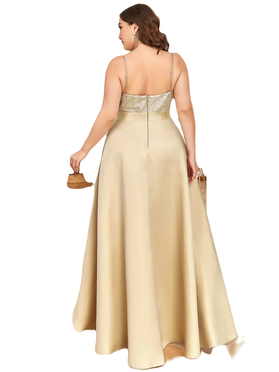 Vestido Elegante de Fiesta Largo Dorado Beige Lentejuela High Low Asimétrico Con Cola Curvy T Ch a Talla Extra