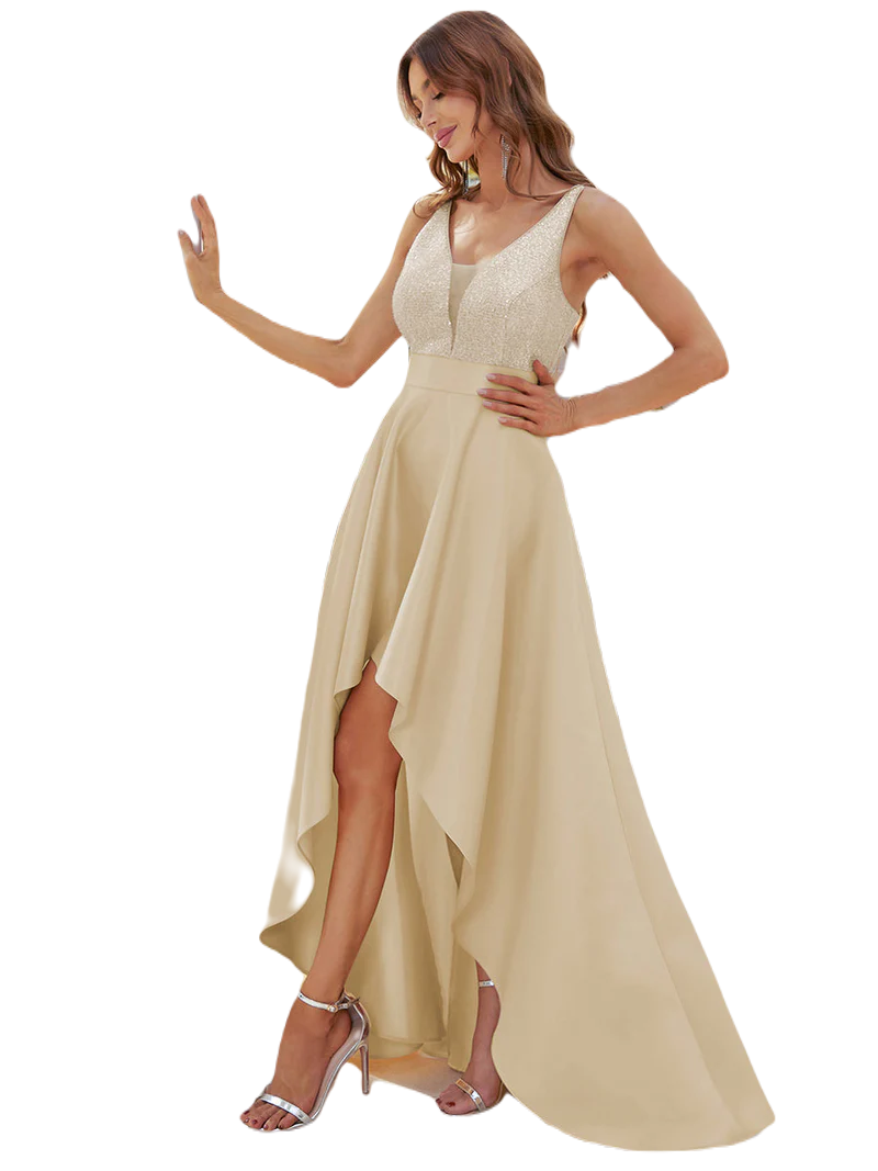 Vestido Elegante de Fiesta Largo Dorado Beige Lentejuela High Low Asimétrico Con Cola Curvy T Ch a Talla Extra