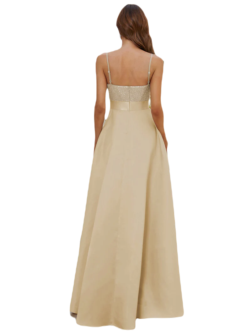 Vestido Elegante de Fiesta Largo Dorado Beige Lentejuela High Low Asimétrico Con Cola Curvy T Ch a Talla Extra