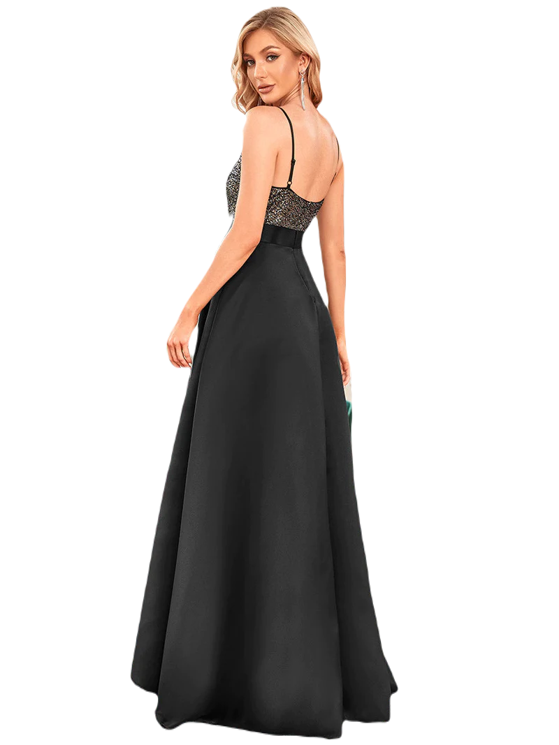 Vestido Elegante de Fiesta Largo Negro Lentejuela High Low Asimétrico Con Cola Curvy T Ch a Talla Extra