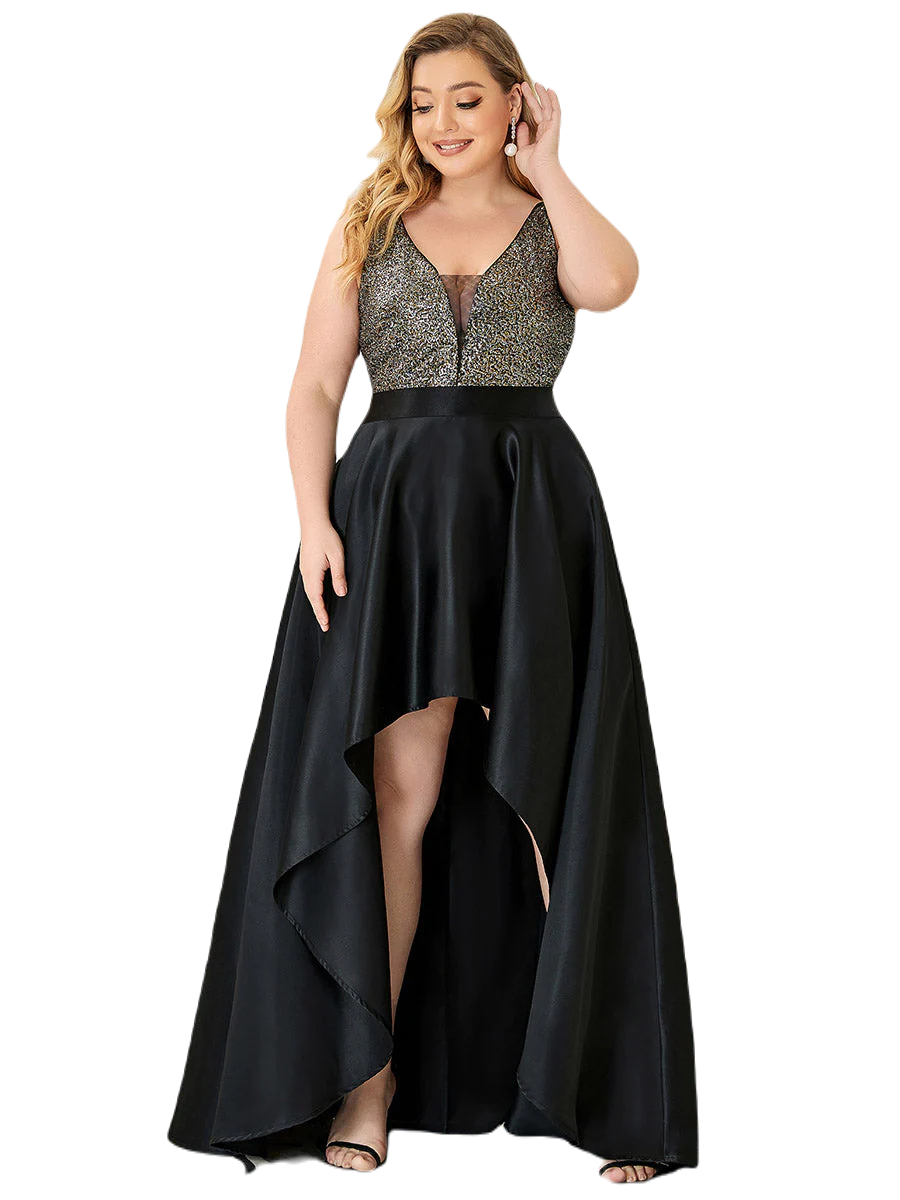 Vestido Elegante de Fiesta Largo Negro Lentejuela High Low Asimétrico Con Cola Curvy T Ch a Talla Extra