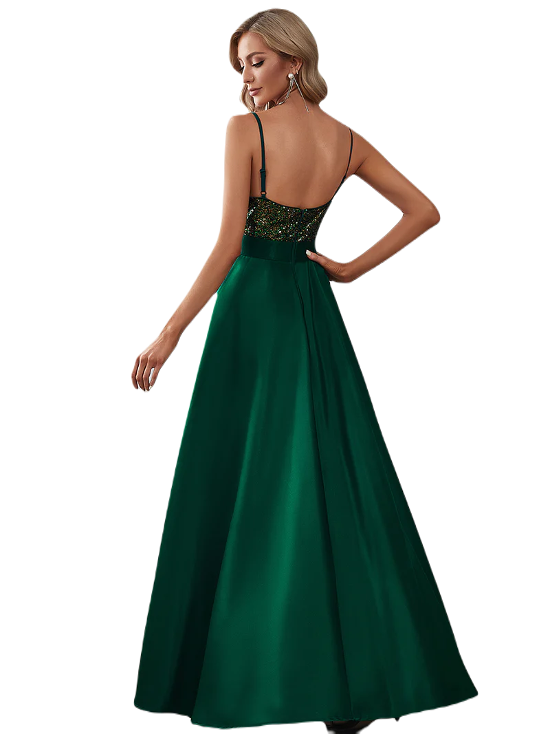 Vestido Elegante de Fiesta Largo Verde Esmeralda Lentejuela High Low Asimétrico Con Cola Curvy T Ch a Talla Extra