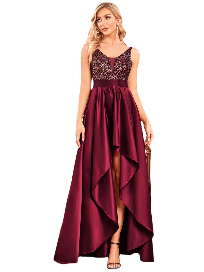 Vestido Elegante de Fiesta Largo Guinda Vino Lentejuela High Low Asimétrico Con Cola Curvy T Ch a Talla Extra