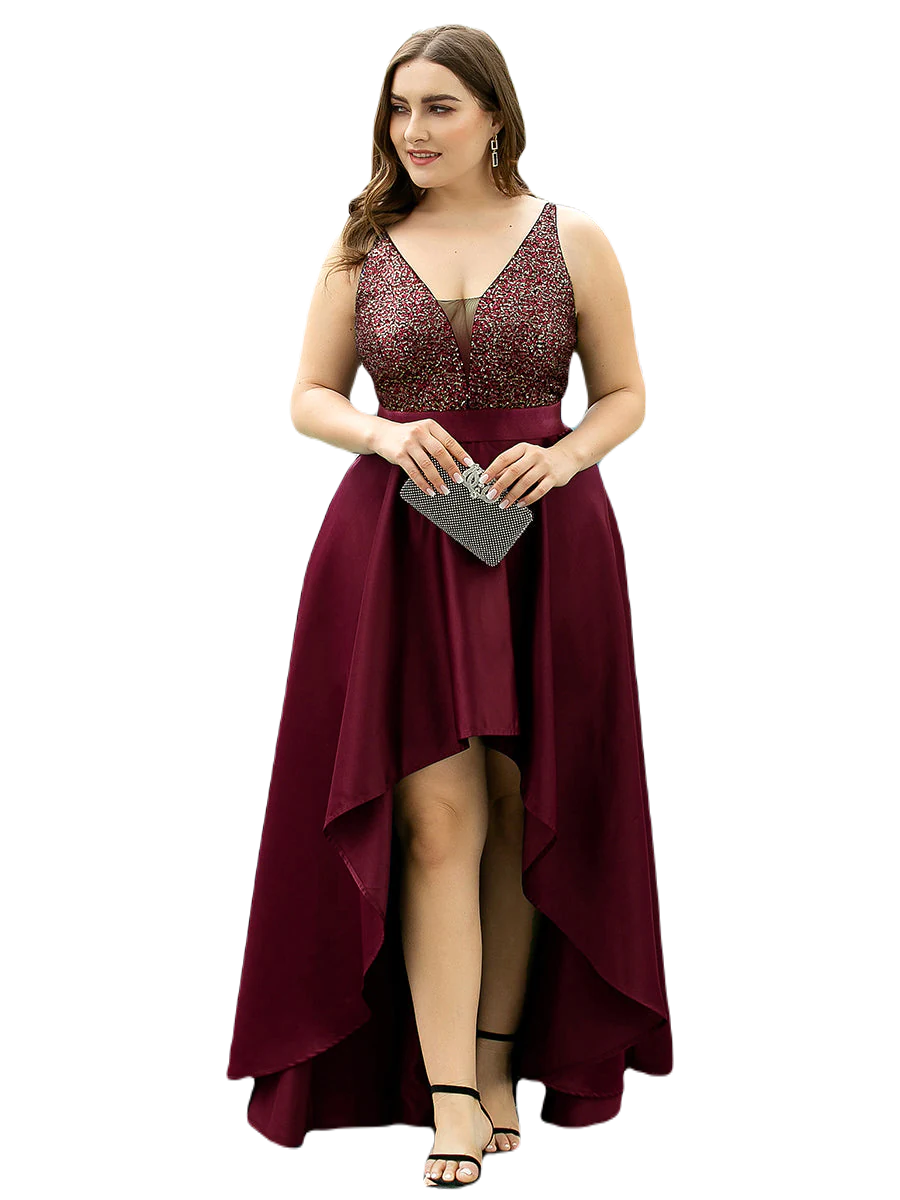 Vestido Elegante de Fiesta Largo Guinda Vino Lentejuela High Low Asimétrico Con Cola Curvy T Ch a Talla Extra