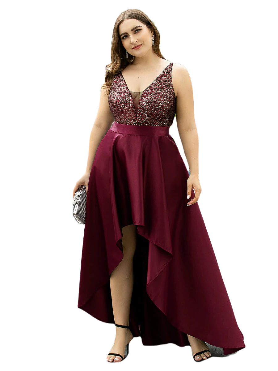 Vestido Elegante de Fiesta Largo Guinda Vino Lentejuela High Low Asimétrico Con Cola Curvy T Ch a Talla Extra