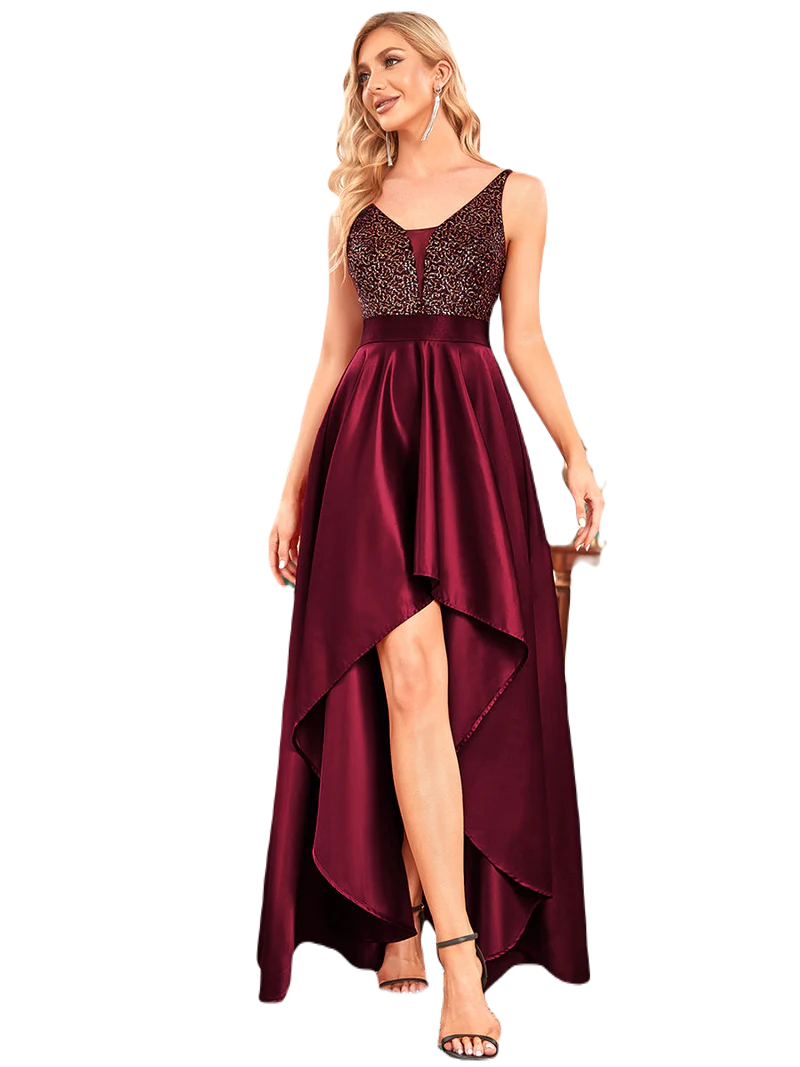Vestido Elegante de Fiesta Largo Guinda Vino Lentejuela High Low Asimétrico Con Cola Curvy T Ch a Talla Extra