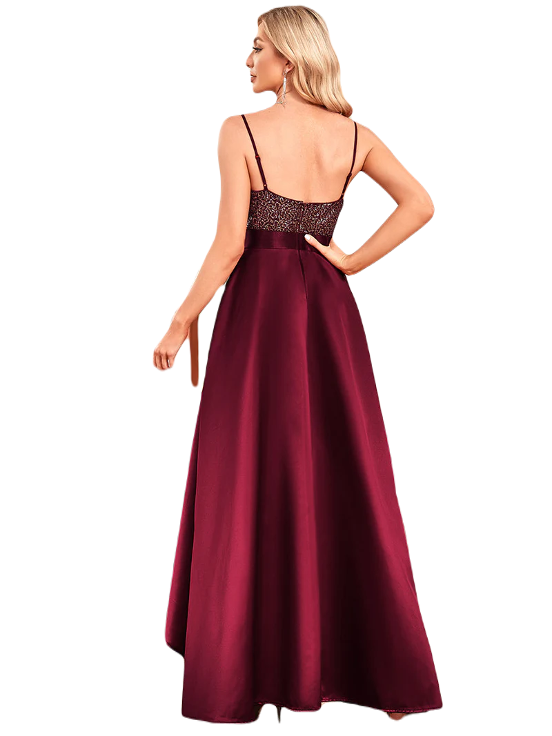 Vestido Elegante de Fiesta Largo Guinda Vino Lentejuela High Low Asimétrico Con Cola Curvy T Ch a Talla Extra