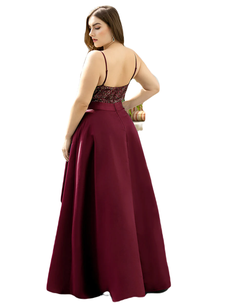 Vestido Elegante de Fiesta Largo Guinda Vino Lentejuela High Low Asimétrico Con Cola Curvy T Ch a Talla Extra