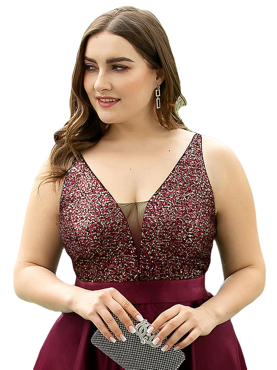 Vestido Elegante de Fiesta Largo Guinda Vino Lentejuela High Low Asimétrico Con Cola Curvy T Ch a Talla Extra