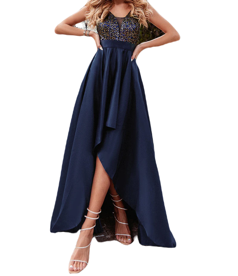 Vestido Elegante de Fiesta Largo Azul Marino Lentejuela High Low Asimétrico Con Cola Curvy T Ch a Talla Extra