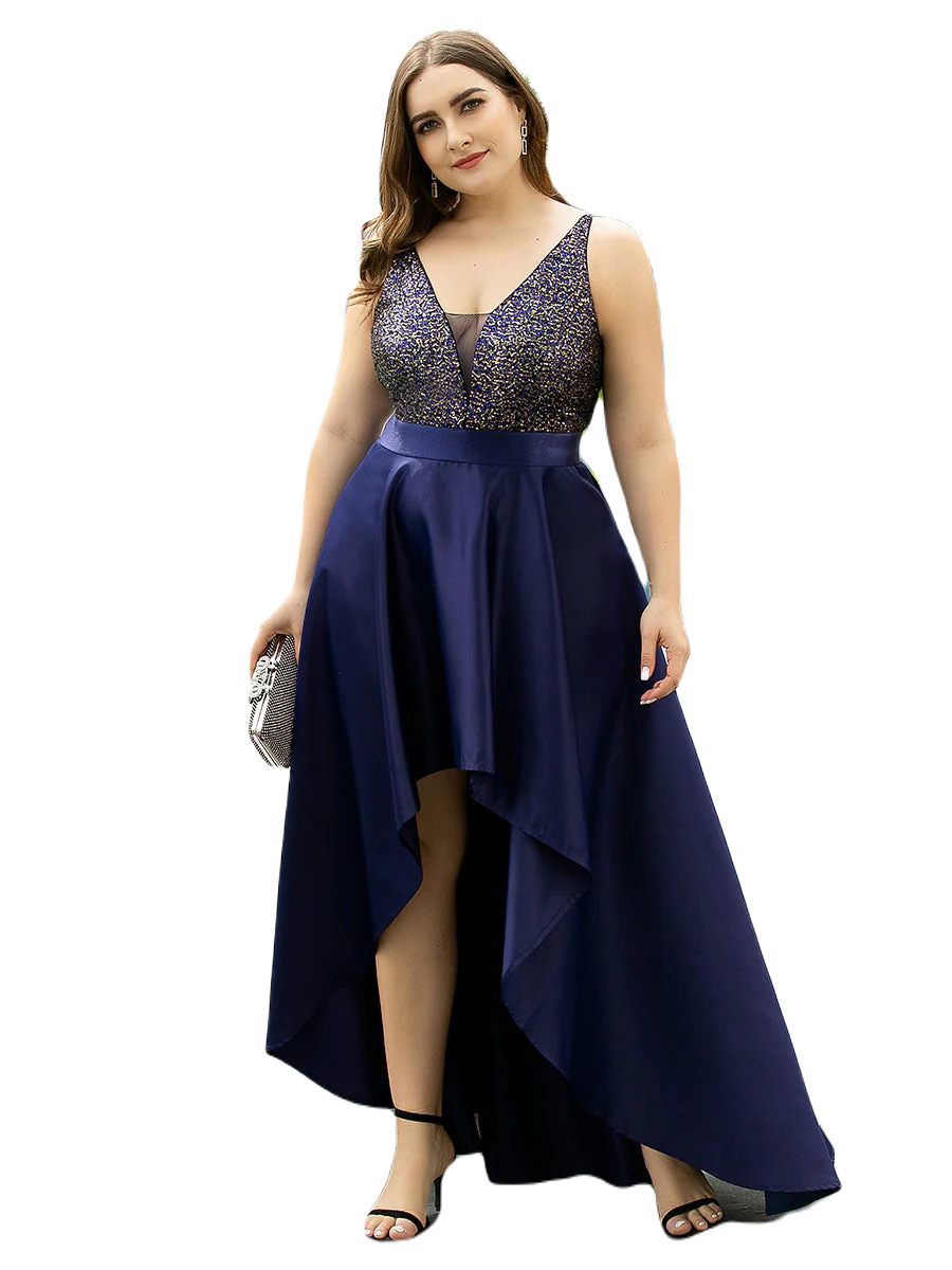Vestido Elegante de Fiesta Largo Azul Marino Lentejuela High Low Asimétrico Con Cola Curvy T Ch a Talla Extra