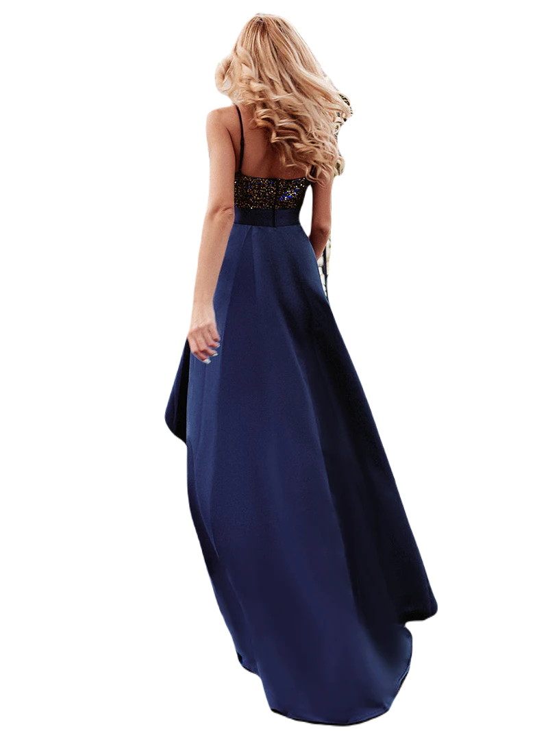 Vestido Elegante de Fiesta Largo Azul Marino Lentejuela High Low Asimétrico Con Cola Curvy T Ch a Talla Extra
