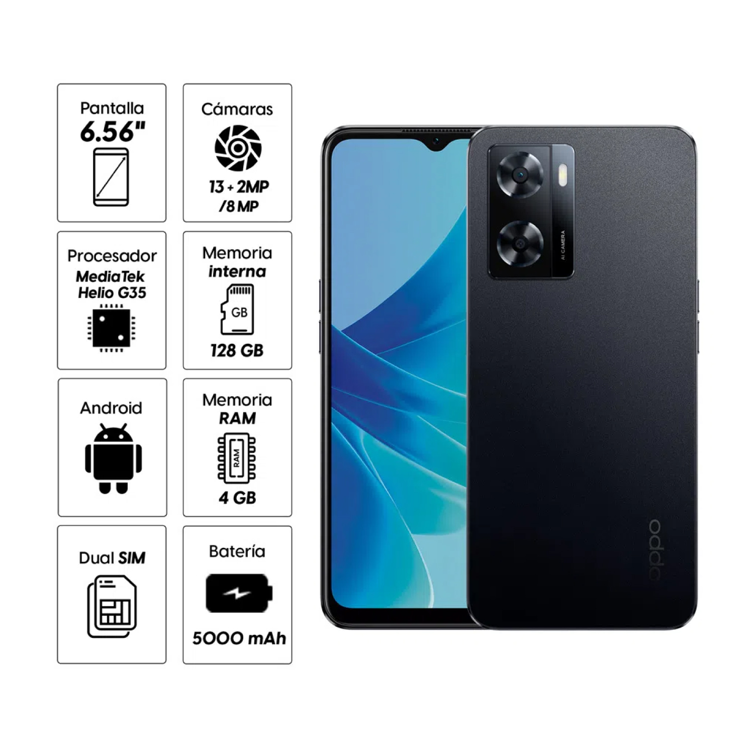 Celular Oppo A57 33w 5000mAh 4/128Gbs Liberado Latino - Negro